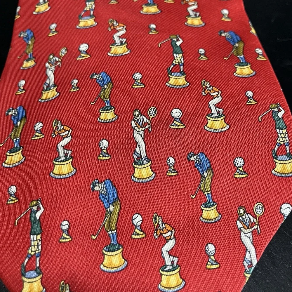 Salvatore Ferragamo Silk Necktie Red Golf Player Trophy Novelty Print Made Italy